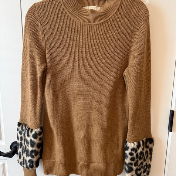 MICHAEL Michael Kors Camel Crewneck Sweater with Leopard Cuffs - Picture 2 of 5